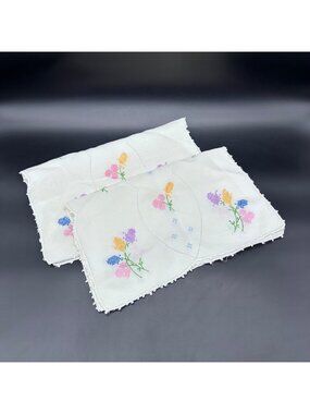 Vintage Floral Table Runners Set Of Two Handmade Cross Stitch Spring Flowers